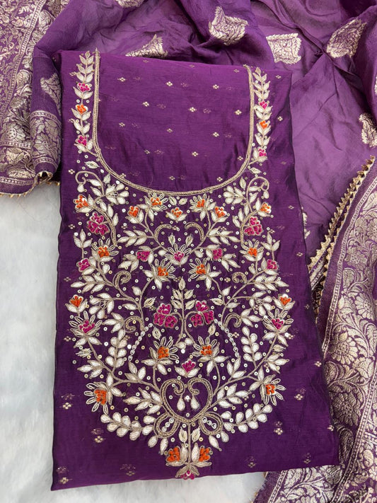 Rich Modal Chanderi With Jacquard Booties Unstitched Suit with Zardogi Work with Dupatta