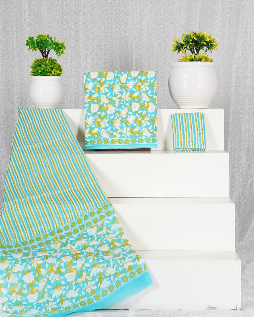 Pure Cotton Hand Block Print Unstitched Suit With Mul Cotton Dupatta.