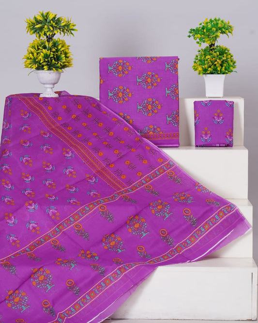 Pure Cotton Jaipuri Hand Block Print Unstitched Suit With Mul Cotton Dupatta.