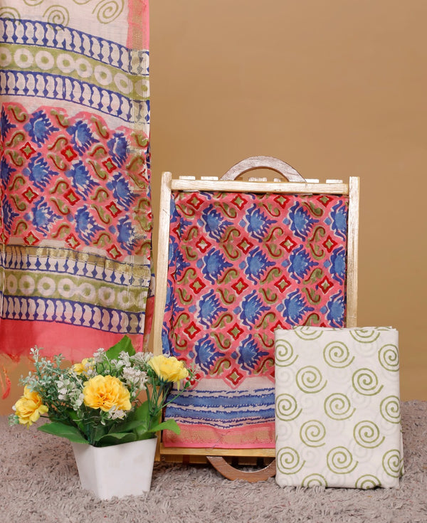 Pure Hand Block Chanderi Silk Unstitched Suit With Chanderi Dupatta