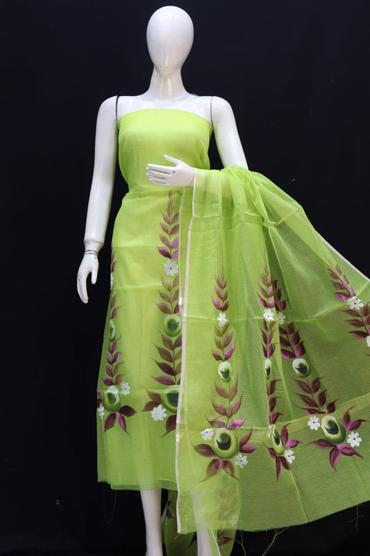 Pure Kota Doriya Suit With Hand Brush Print Unstitched Suit