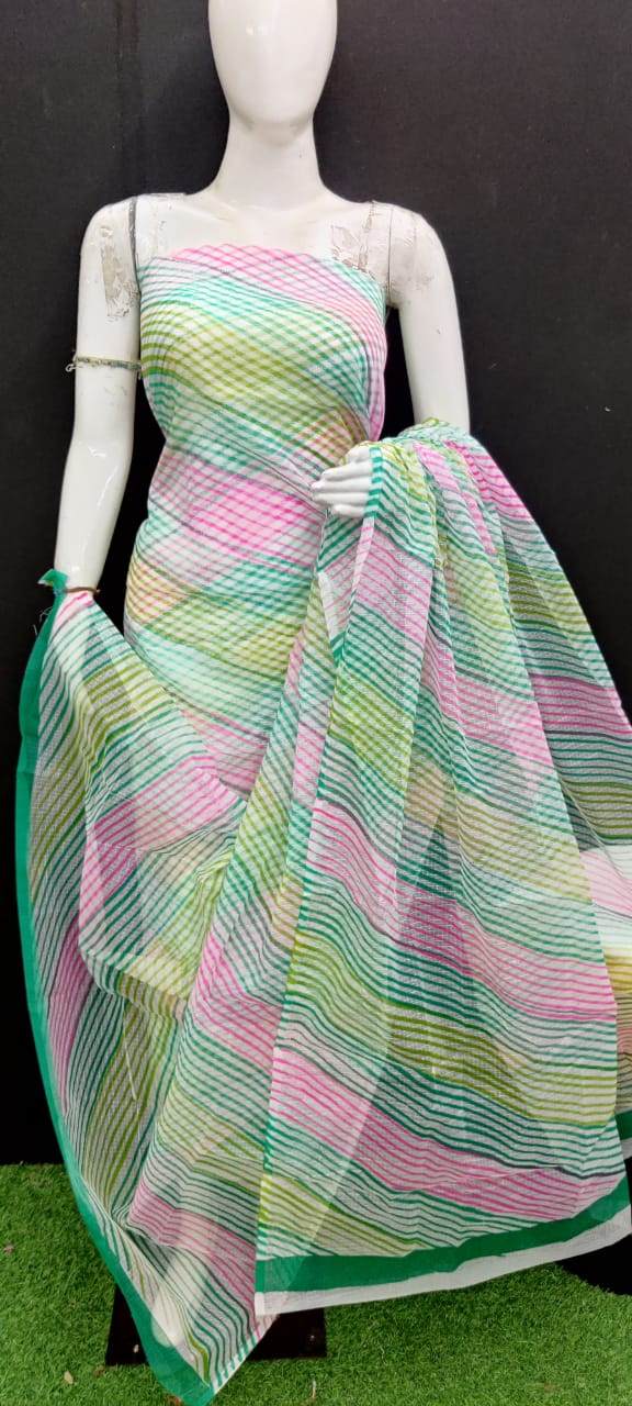 Pure Kota Doriya Leheriya Print Unstitched Suit With Bottom