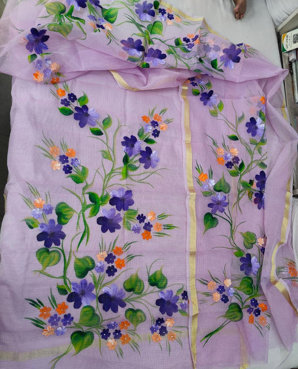 Pure Kota Doriya Hand Brush Print Unstitched Suit With Dupatta & Bottom