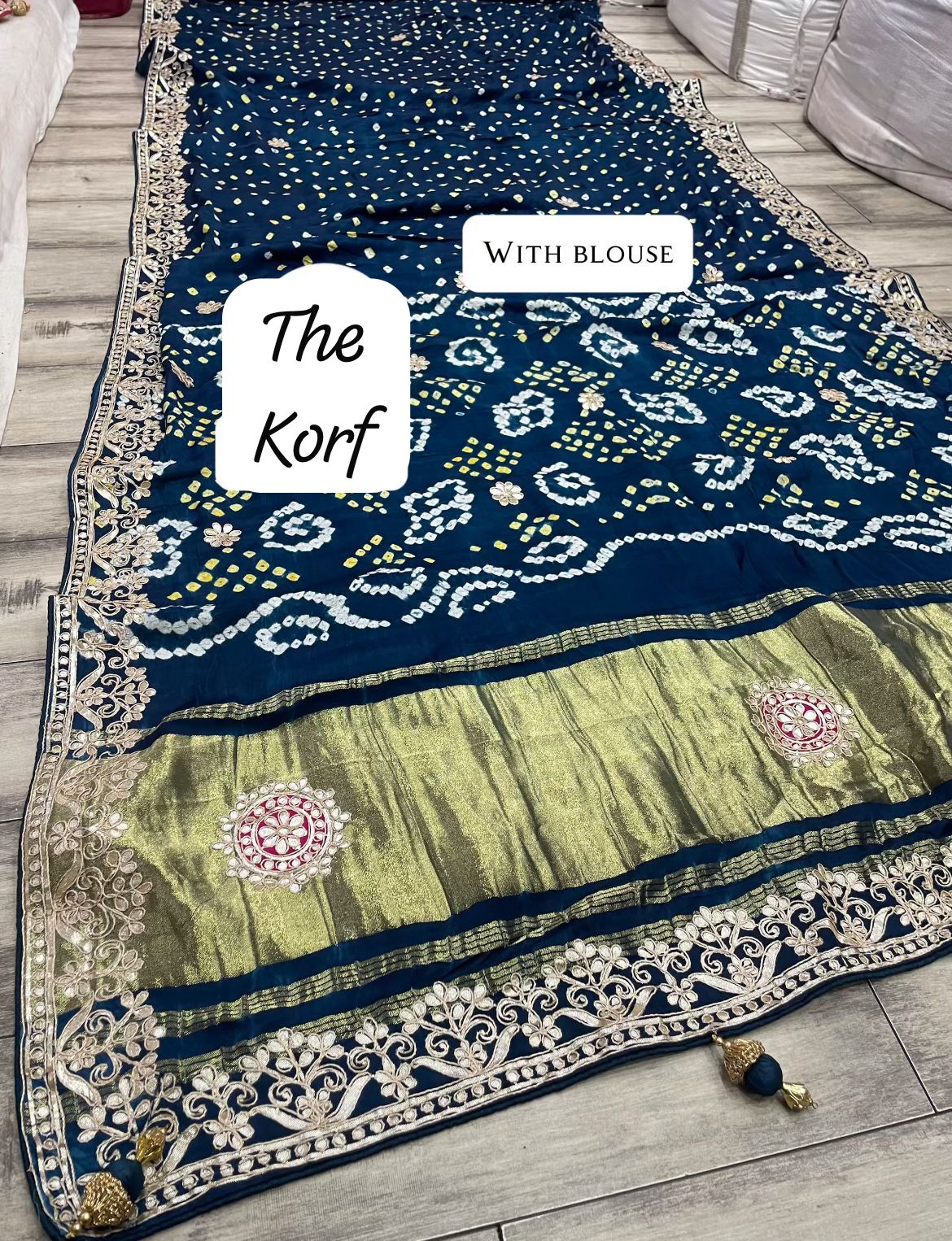 Pure Hand Bandhej Gajji Silk Saree Gota Patti Work With Hand Work Blouse.