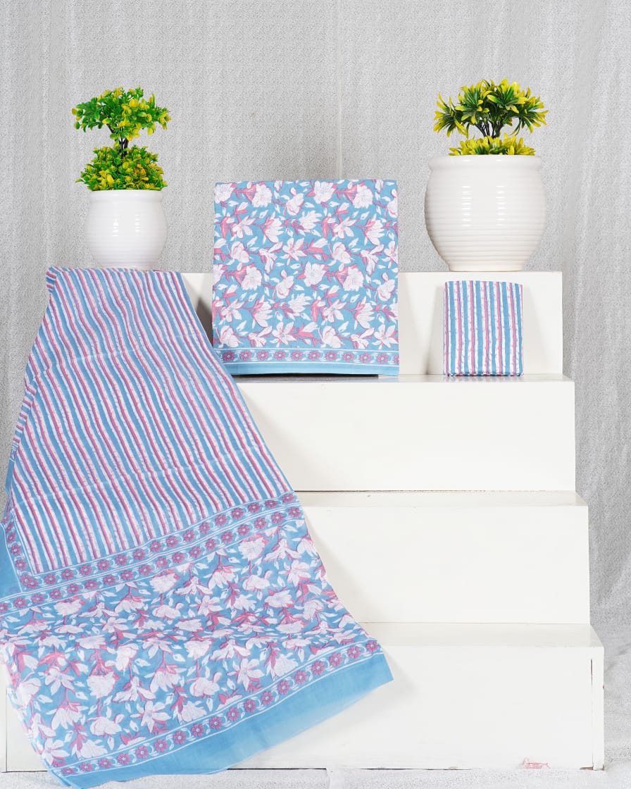 Pure Cotton Hand Block Print Unstitched Suit With Mul Cotton Dupatta.