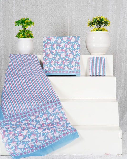 Pure Cotton Hand Block Print Unstitched Suit With Mul Cotton Dupatta.