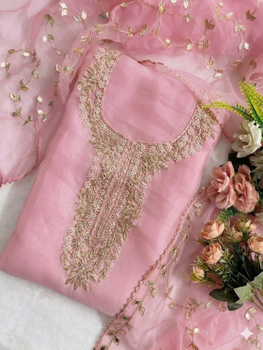 Pure Organza Zardozi Work unstitched Suit With Gota Patti Dupatta