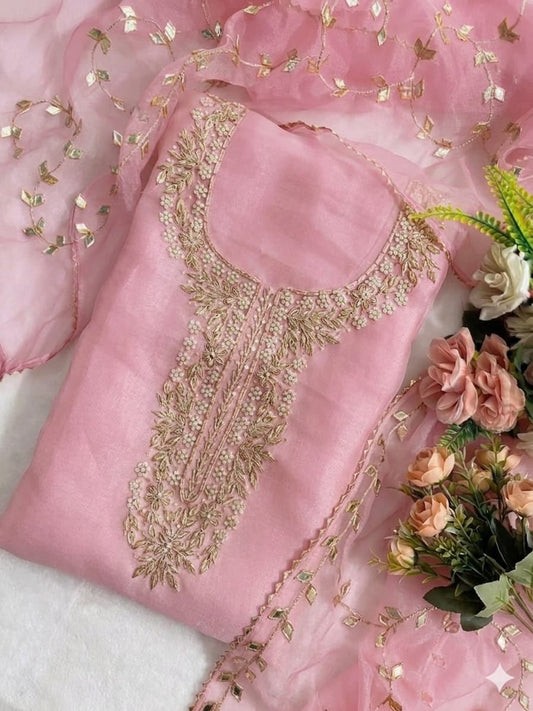 Pure Organza Zardozi Work unstitched Suit With Gota Patti Dupatta
