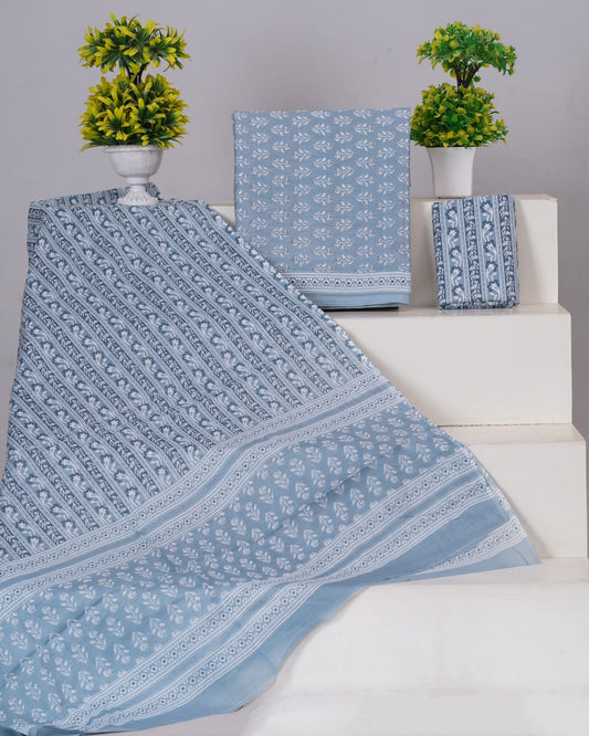 Pure Cotton Hand Block Print Unstitched Suit With Mul Cotton Dupatta.