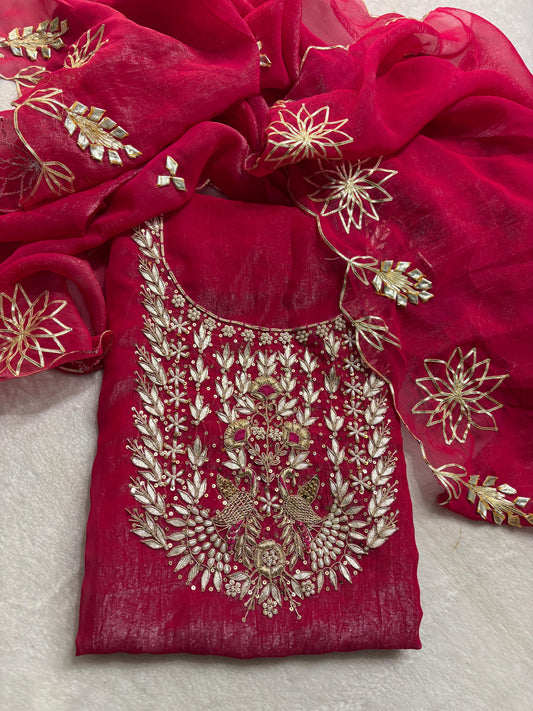 Premium Crush tissue  Unstitched Suit Zardogi Work With Gota Patti Duptta