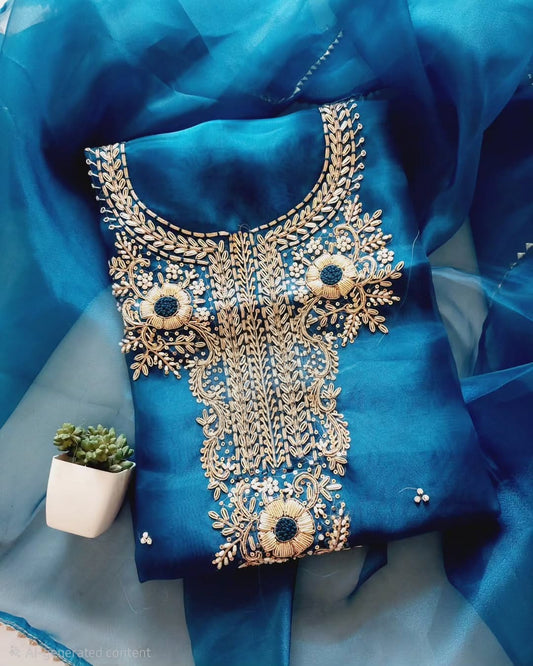 Pure Organza unstitched Suit With Zardozi Work Dupatta