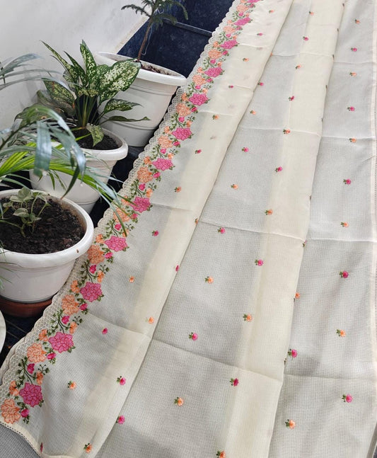Kota Doria Soft Silk Saree With Embroidery  Work
