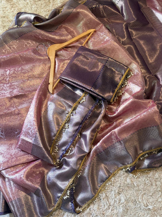 Tissue Silk Saree with Stripe Work and Moti Border