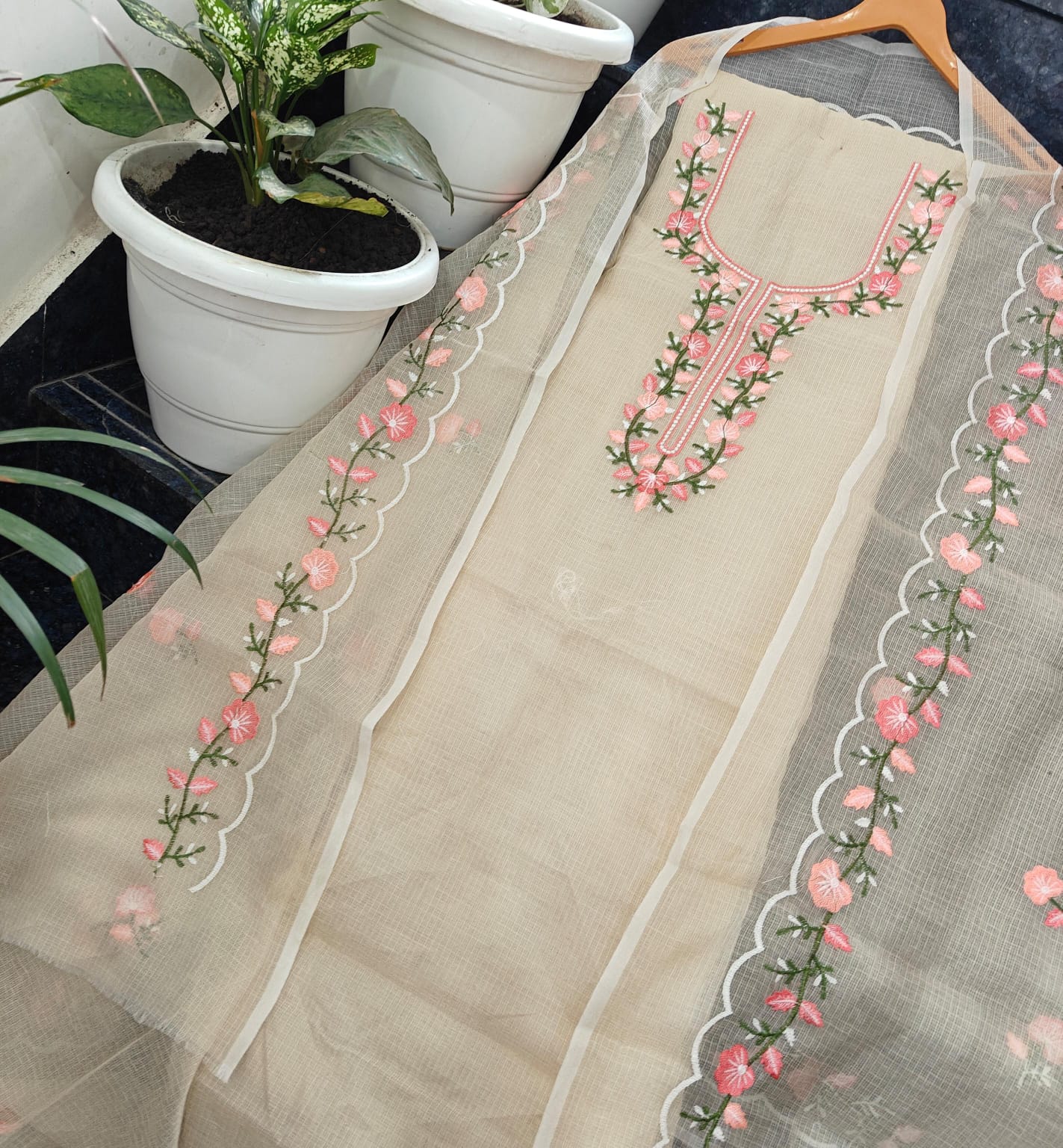 Pure Kota Doriya unstitched suit with embroidery work