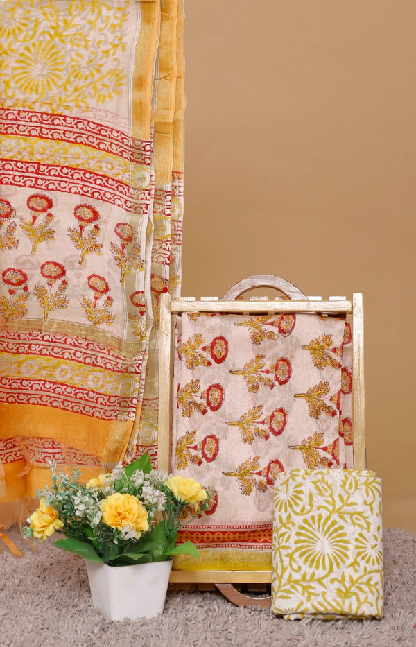 Pure Hand Block Chanderi Silk Unstitched Suit With Chanderi Dupatta