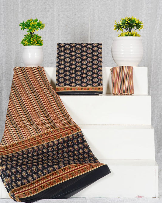 Pure Cotton Jaipuri Hand Block Print Unstitched Suit With Mul Cotton Dupatta.