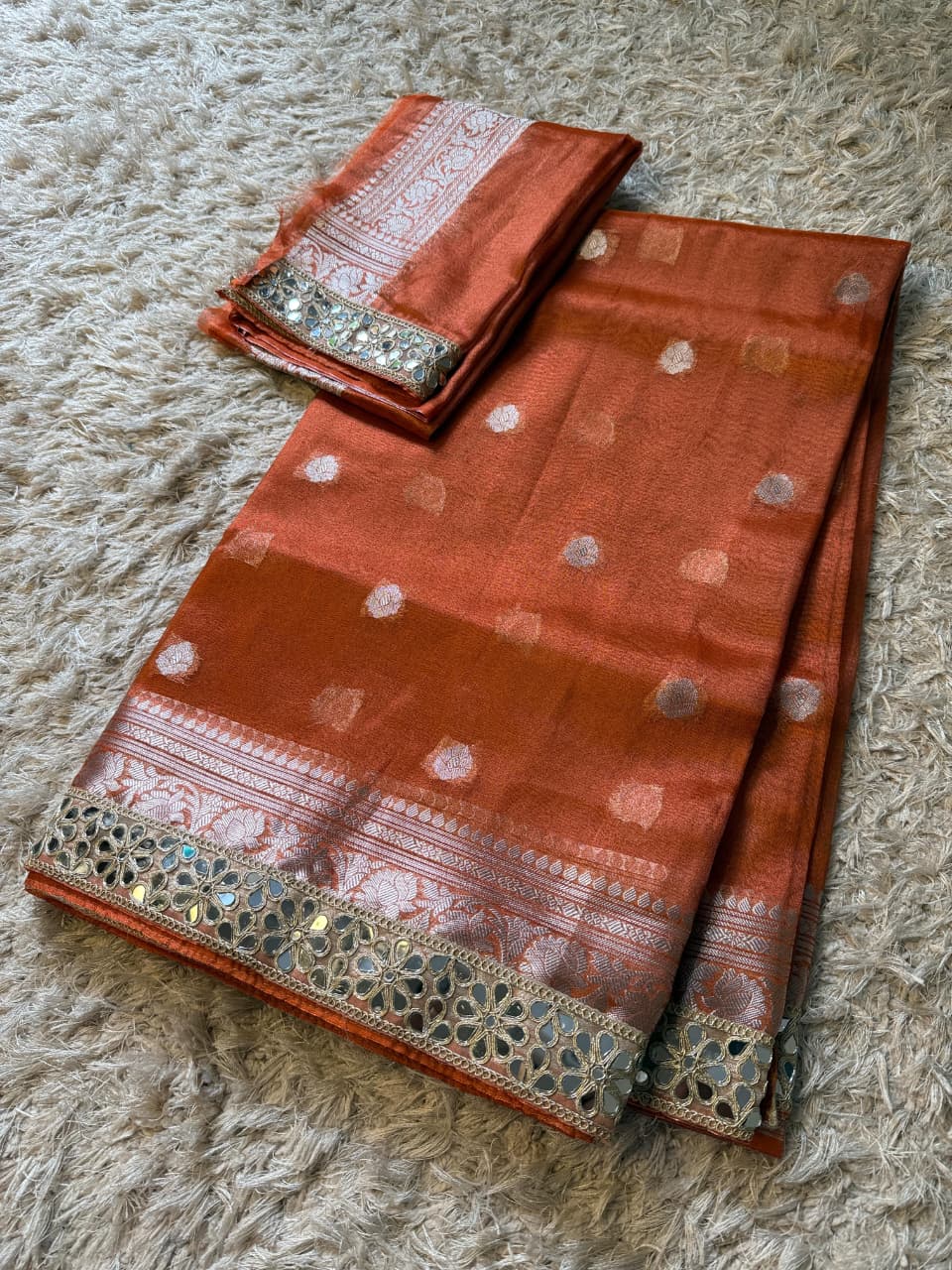 Tissue Silk Saree with Stripe Work and Moti Border