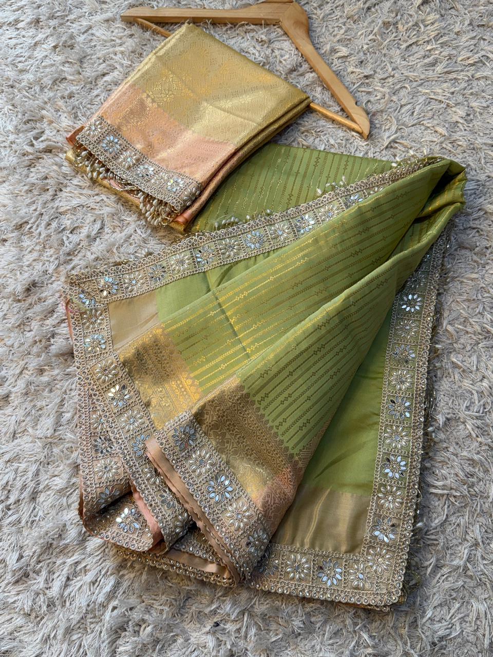 Tissue Silk Saree with Stripe Work and Moti Border