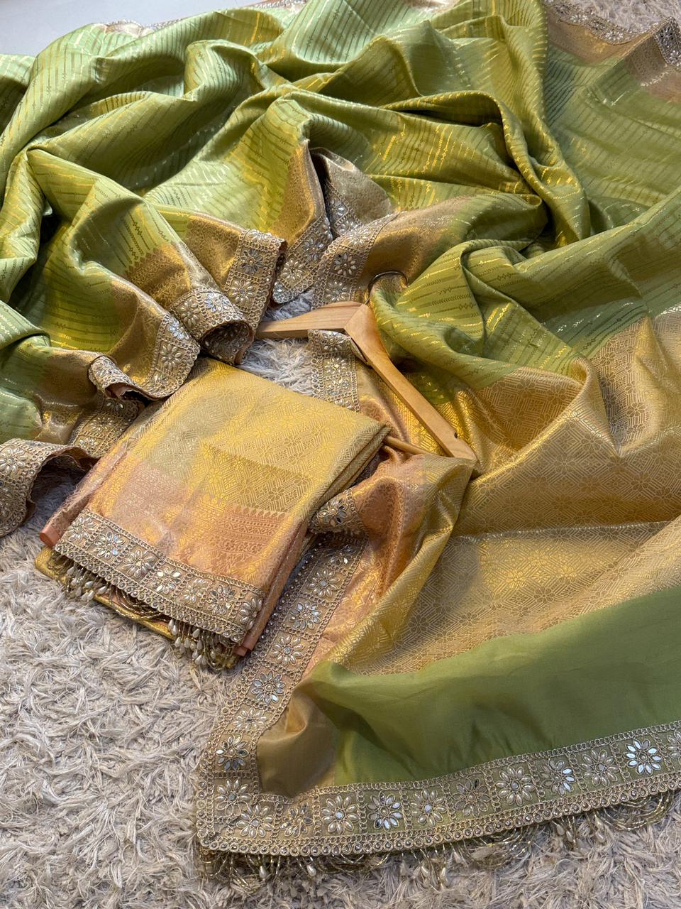 Tissue Silk Saree with Stripe Work and Moti Border