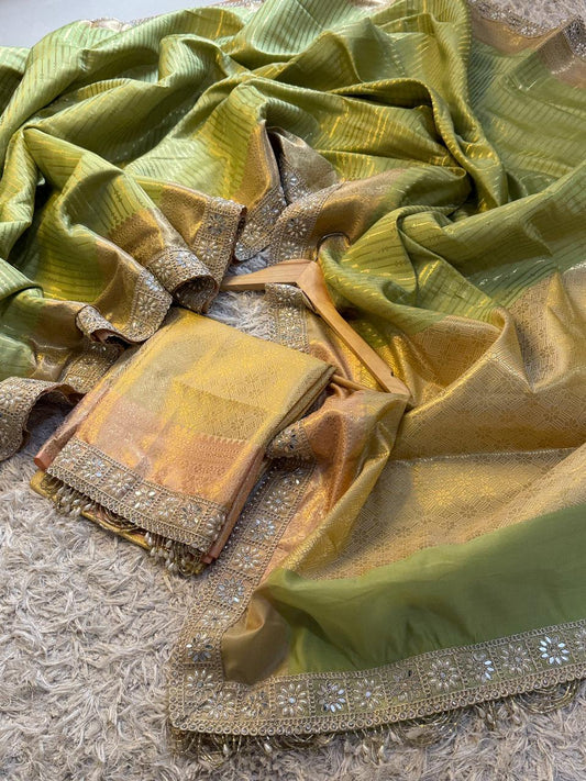 Tissue Silk Saree with Stripe Work and Moti Border