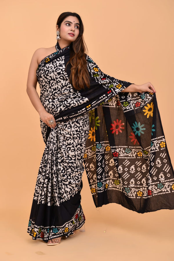 Pure Hand Printed Cotton Sarees With Blouse