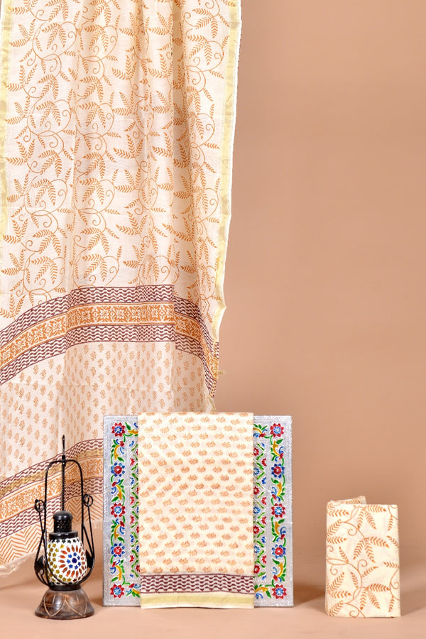 Pure Hand Block Chanderi Silk Unstitched Suit With Chanderi Dupatta
