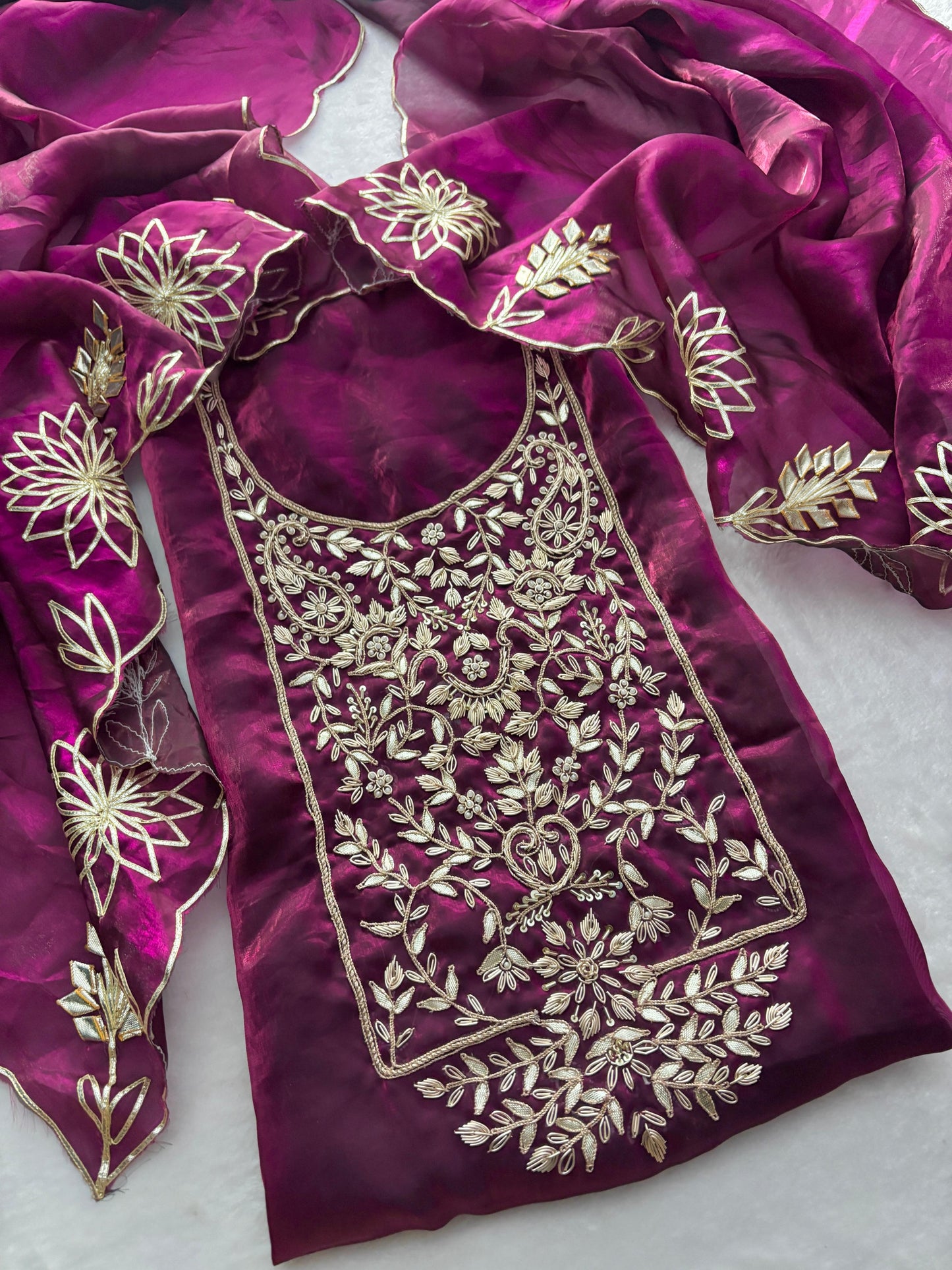 Premium Crush tissue  Unstitched Suit Zardogi Work With Gota Patti Duptta