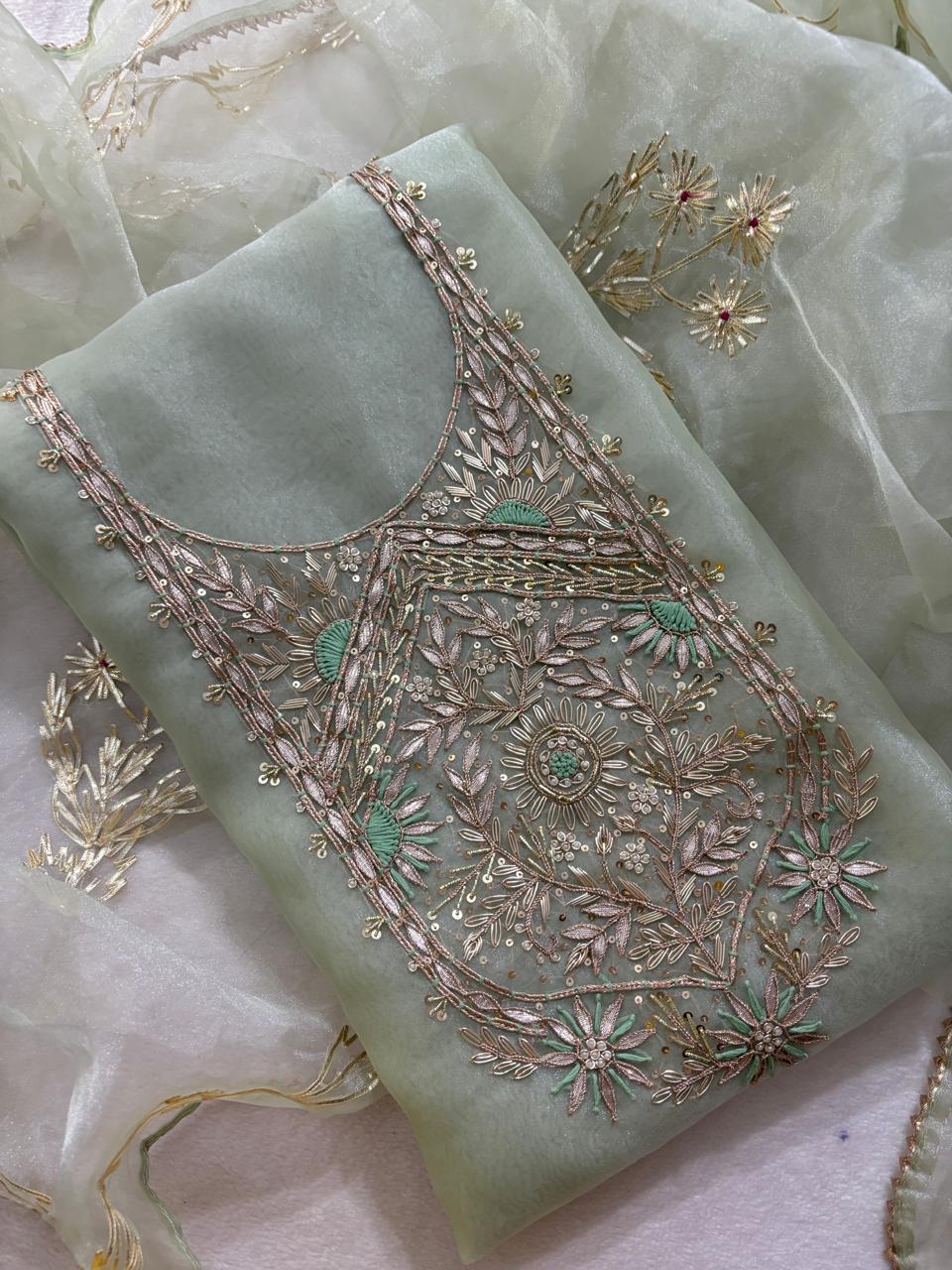 Organza Zardozi Work unstitched Suit With Gota Patti Dupatta