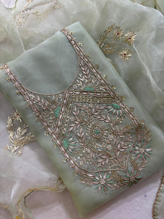Organza Zardozi Work unstitched Suit With Gota Patti Dupatta