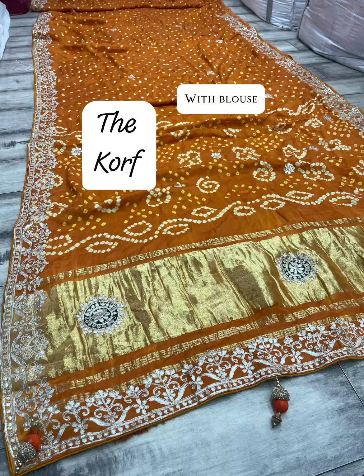 Pure Hand Bandhej Gajji Silk Saree Gota Patti Work With Hand Work Blouse.