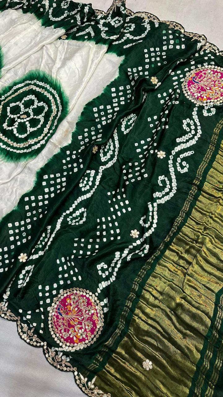 Pure Hand Bandhej Gajji Silk Saree Gota Patti Work With Hand Work Blouse.