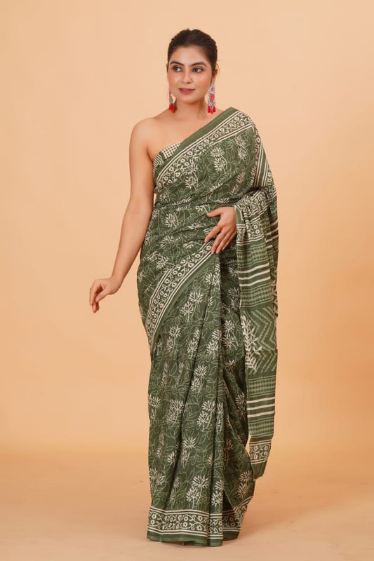 Pure Hand Printed Cotton Sarees With Blouse