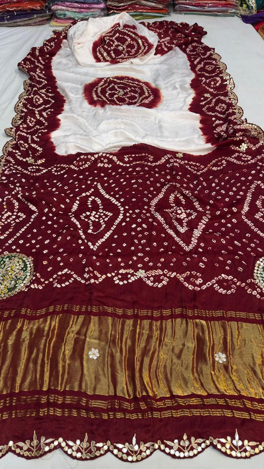 Pure Hand Bandhej Gajji Silk Saree Gota Patti Work With Hand Work Blouse.