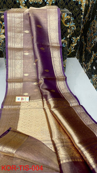 Banarasi Tissue Silk Saree With Zari Booti Weaving Designer Pallu