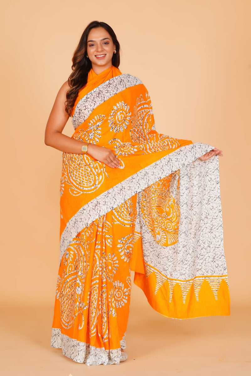 Pure Hand Printed Cotton Sarees With Blouse