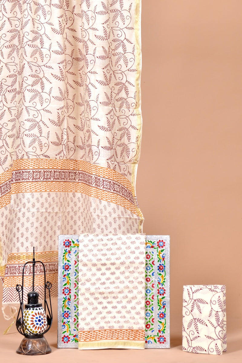 Pure Hand Block Chanderi Silk Unstitched Suit With Chanderi Dupatta