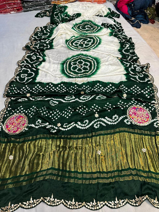 Pure Hand Bandhej Gajji Silk Saree Gota Patti Work With Hand Work Blouse.