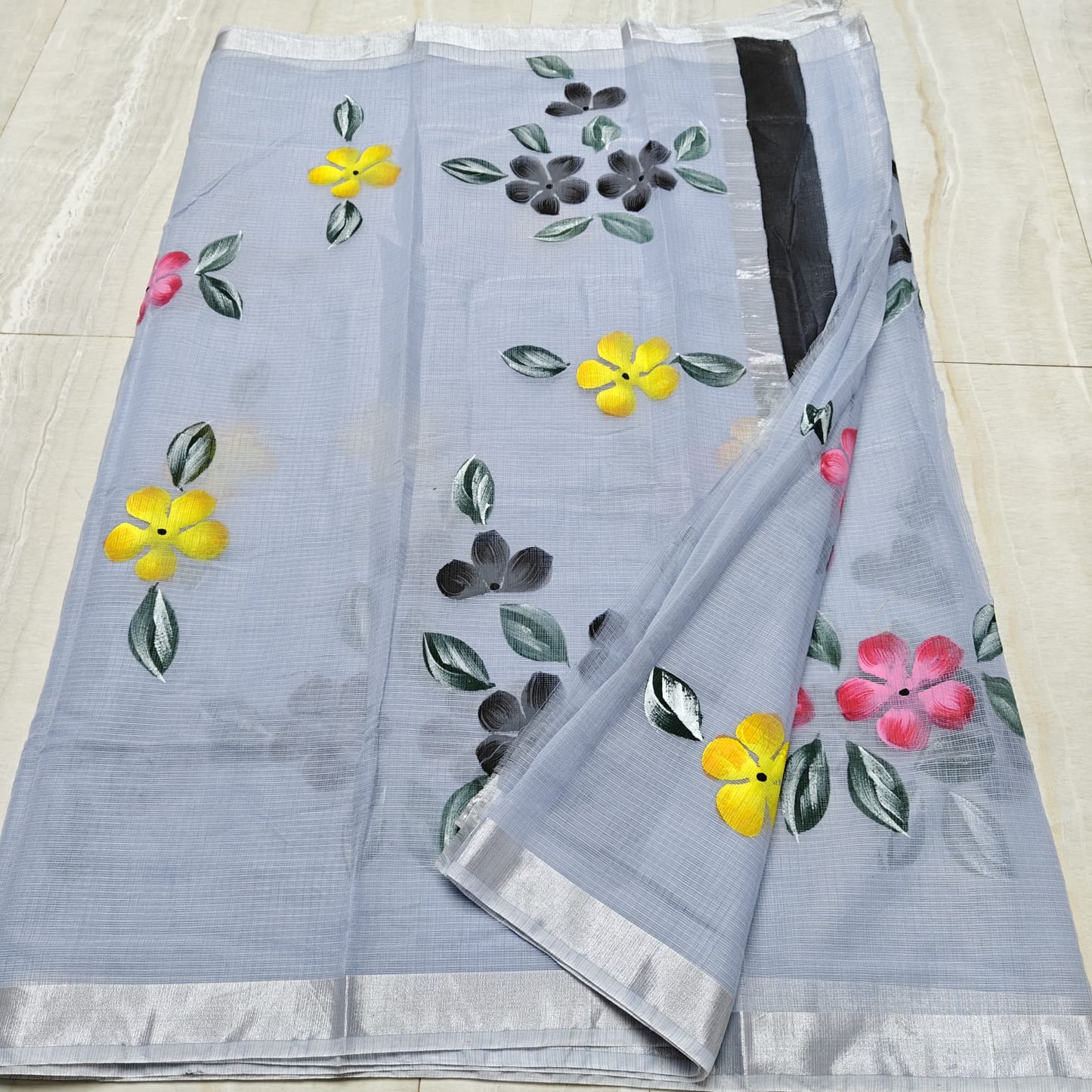 Kota Doria Saree With Hand Bursh Print Work