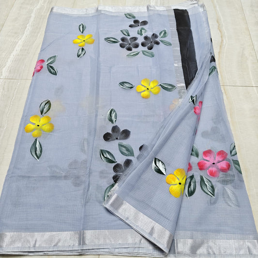 Kota Doria Saree With Hand Bursh Print Work