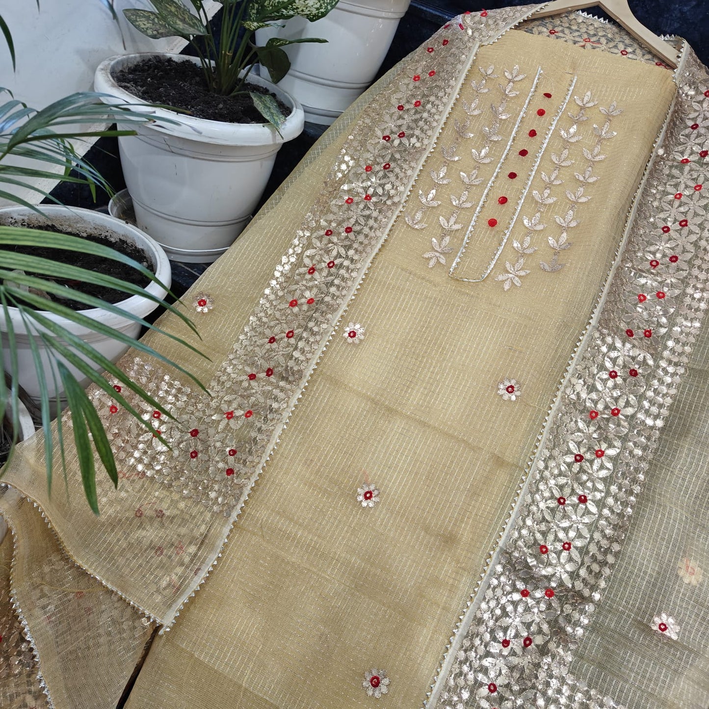 Pure Kota Doriya Gotta Patti Work Unstitched Suit .