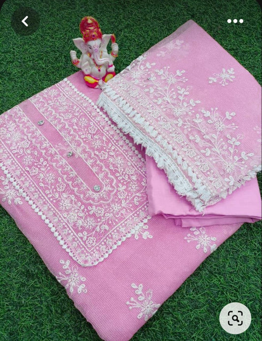 Pure Kota Doriya Embroidery Work Unstitched Suit With Bottom.