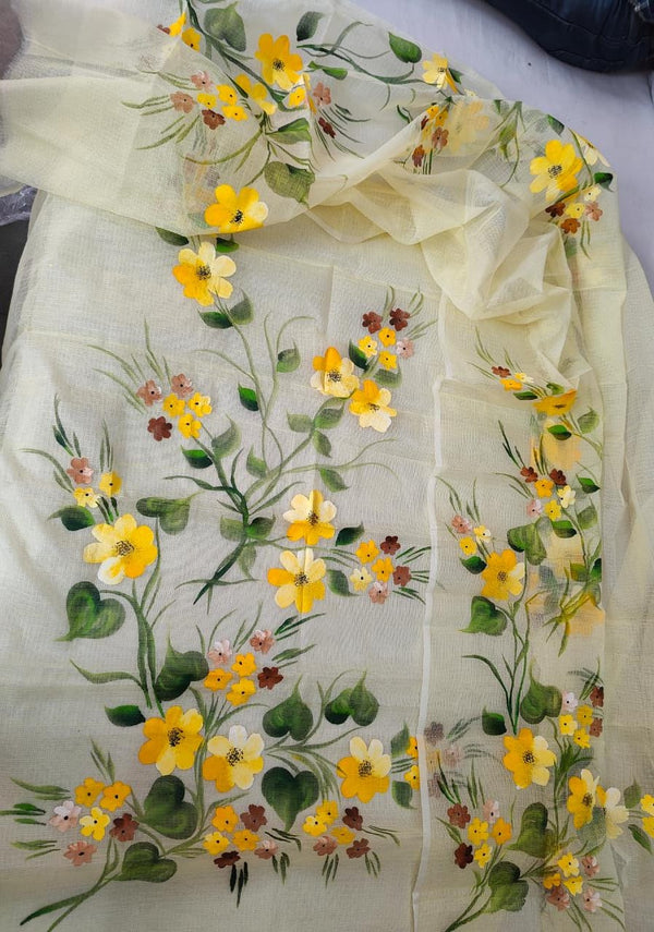 Pure Kota Doriya Hand Brush Print Unstitched Suit With Dupatta & Bottom