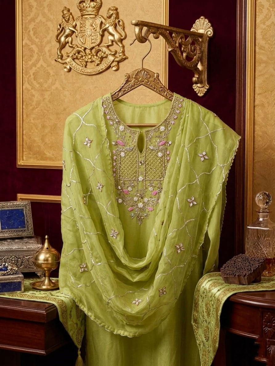 Crush Tissue Zardozi Work Unstitched Suit With Gota Work dupatta