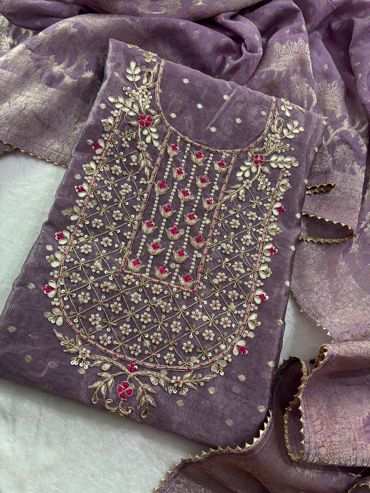 Rich Modal Chanderi With Jacquard Booties Unstitched Suit with Zardogi Work with Dupatta