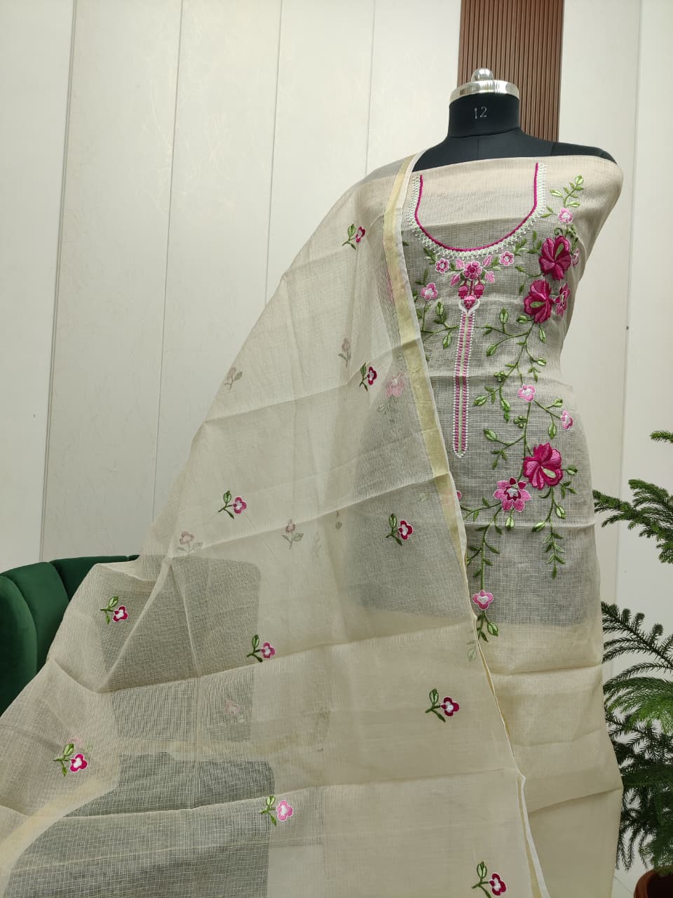 Pure Kota Doriya unstitched suit with embroidery work