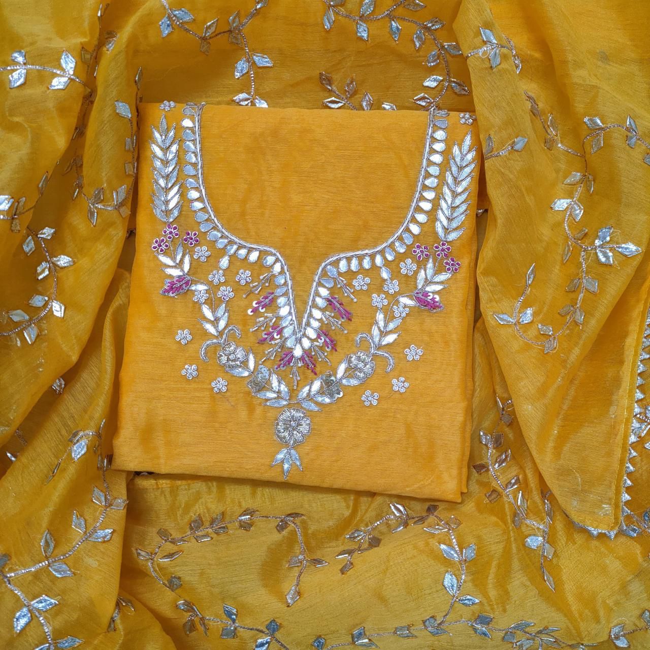 Chanderi Gota Patti Work Unstitched Suit With Kacha Patti dupatta
