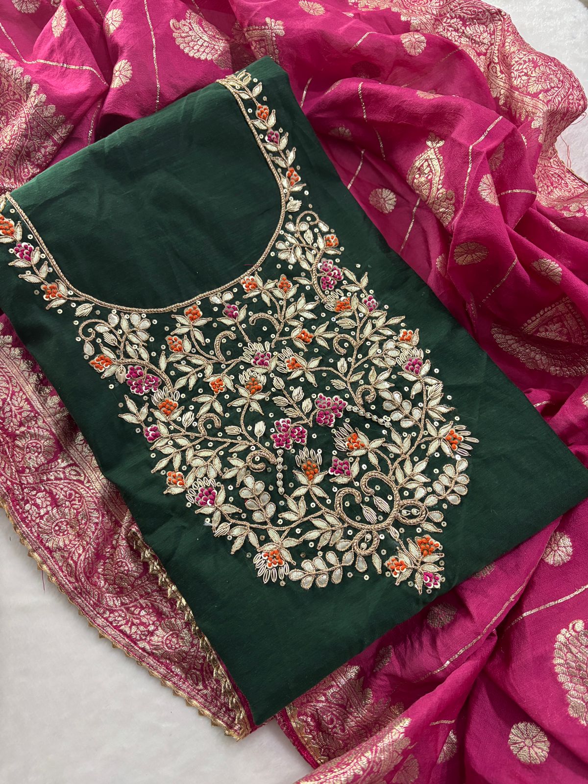 Rich Chanderi  Unstitched Suit with Zardogi Work with Dupatta