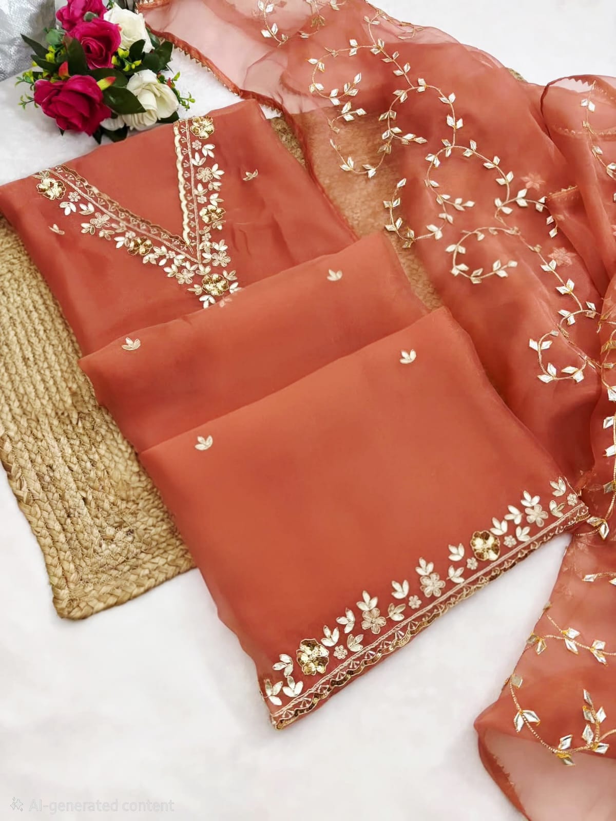 Pure Organza Zardozi Work unstitched Suit With Gota Patti Dupatta