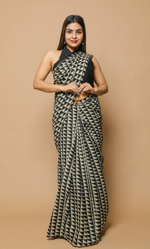 Pure Hand Printed Cotton Sarees With Blouse