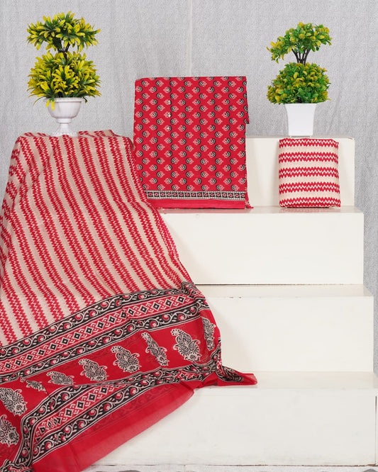 Pure Cotton Jaipuri Hand Block Print Unstitched Suit With Mul Cotton Dupatta.